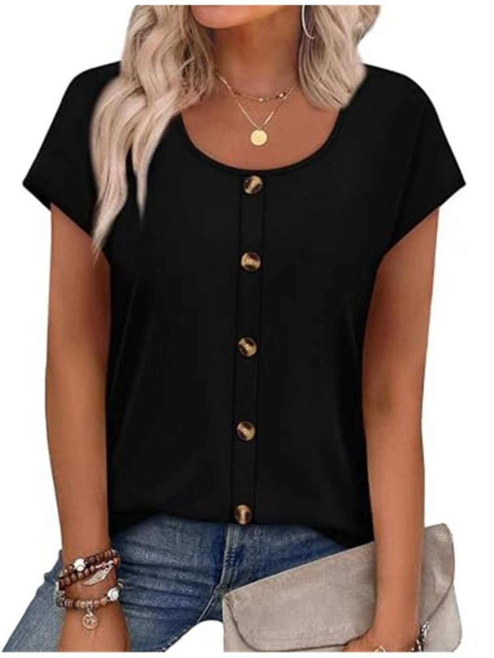 Womens Summer Tops, Short Sleeve Shirts Button Down Blouses U Neck,Black, Medium